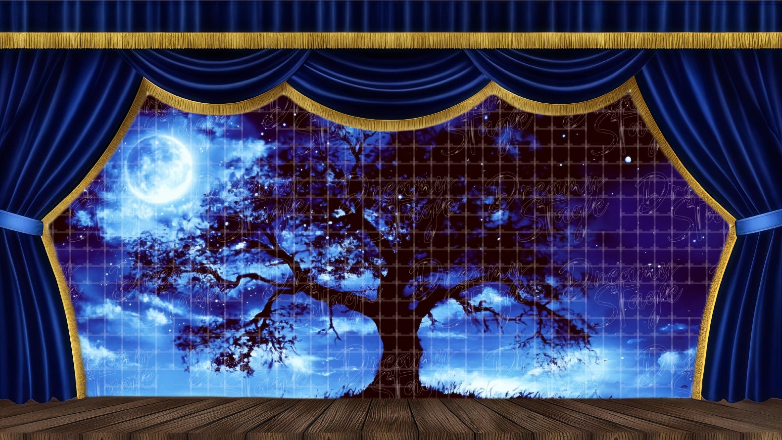 Theatrical Backdrop: Moonlit Silhouetted Tree – Dramatic Stage Scenery for Fantasy Plays