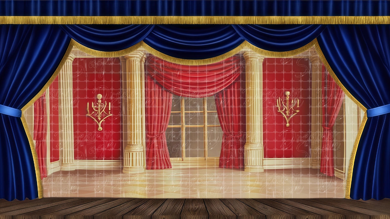 Ornate Royal Ballroom Interior Theatrical Backdrop with red velvet drapes and classical white and gold columns. Perfect stage scenery for operas and period productions. Available as a fire-retardant vinyl backdrop.