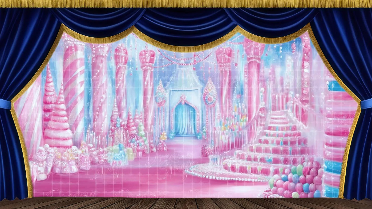Candy Palace Grand Hall stage backdrop featuring pink and blue candy pillars, grand staircase, and sweet decor. Ideal theatrical backdrops for The Nutcracker Act II, holiday recitals, and fantasy productions. Available in Microfiber, Outdoor Linen, and Theatre-Certified Fabric.