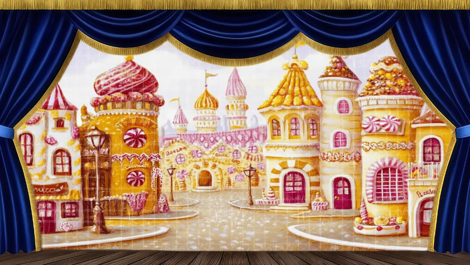 Candy Land Main Cityscape theatrical backdrop featuring colorful gingerbread houses, striped towers, and sweet shop decor. Ideal stage scenery for The Nutcracker's Land of Sweets and holiday performances. Available in Microfiber, Outdoor Linen, and Theatre-Certified Fabric.
