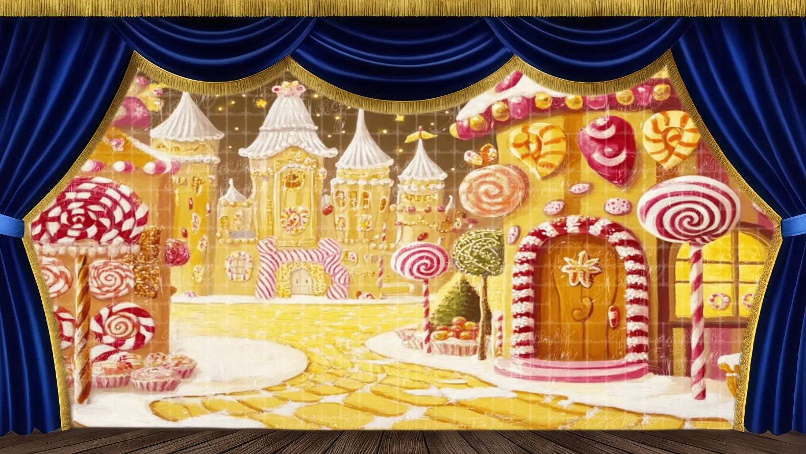Candy Land Streetscape stage backdrop featuring gingerbread castles, large lollipops, and a snowy road. Ideal theatrical backdrops for The Nutcracker's Land of Sweets and holiday dance recitals. Available in Microfiber, Outdoor Linen, and Theatre-Certified Fabric.
