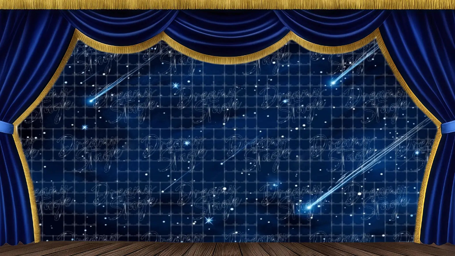 Deep Blue Meteor Shower Sky stage backdrop featuring bright shooting stars and cosmic dust. Ideal theatrical drops for The Nutcracker transformation scene, winter musicals, and sci-fi productions. Available in Microfiber, Outdoor Linen, and Theatre-Certified Fabric.