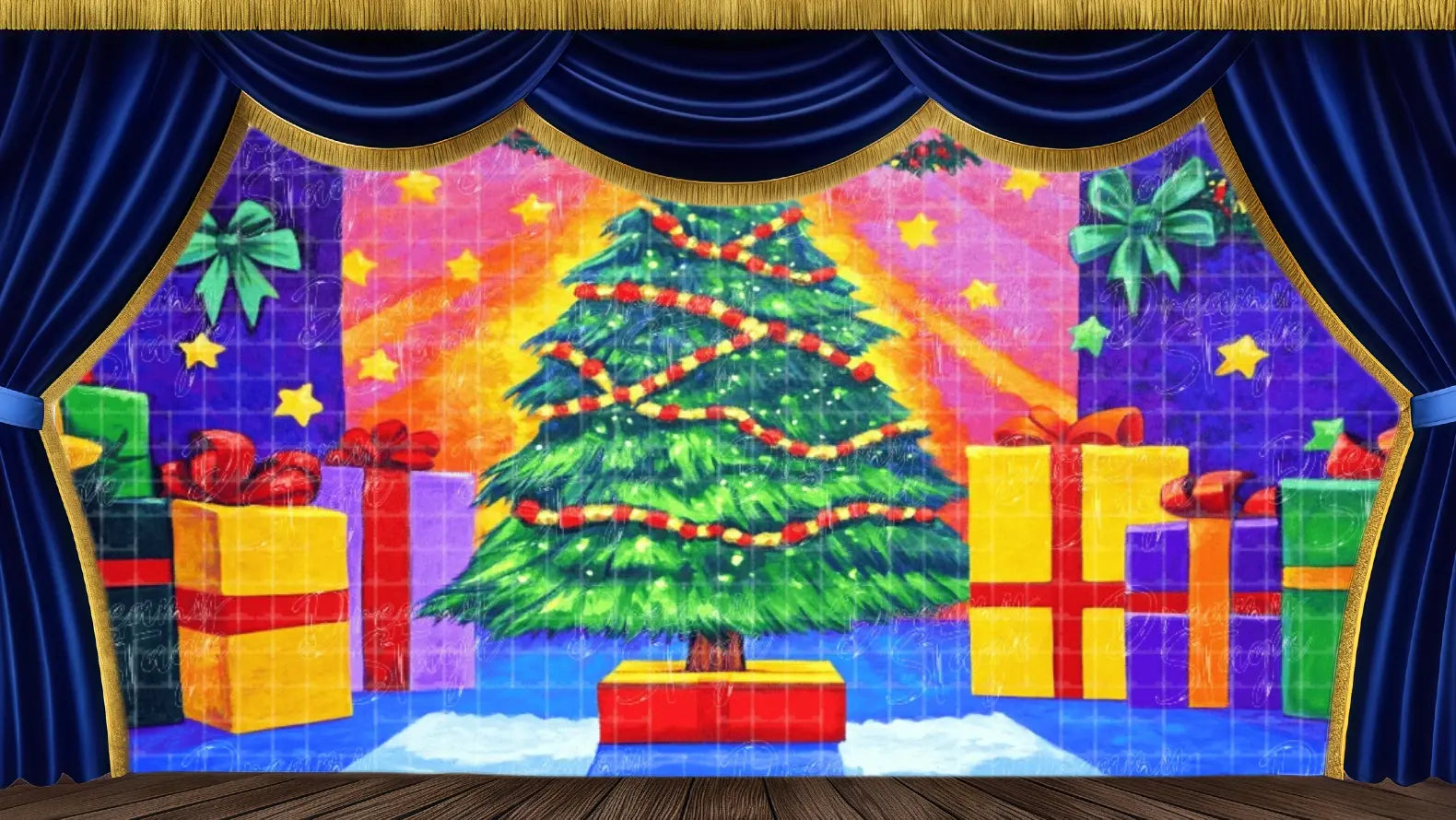 Stylized Christmas Tree Scene stage backdrop featuring exaggerated color and giant presents. Ideal theatrical backdrops for The Nutcracker 'growing scene,' children's musicals, and holiday dance recitals. Available in Microfiber, Outdoor Linen, and Theatre-Certified Fabric.