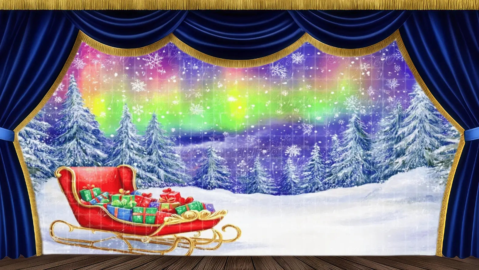 Aurora Borealis Christmas Sleigh theatrical backdrop featuring a red sleigh, pine forest, and green/pink northern lights. Ideal stage scenery for The Nutcracker's winter journey, holiday parties, and Christmas photography. Available in Microfiber, Outdoor Linen, and Theatre-Certified Fabric.