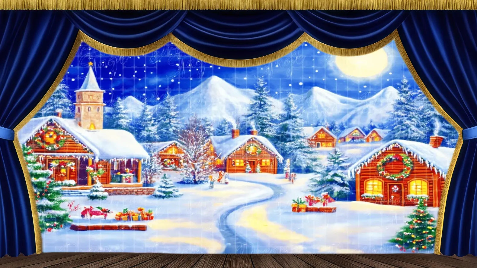 Christmas Snow Village theatrical drop with log cabins, snow-covered pine trees, and moonlit mountains. Ideal stage scenery for The Nutcracker, Christmas Carol, and winter dance recitals. Available in Microfiber, Outdoor Linen, and Theatre-Certified Fabric.