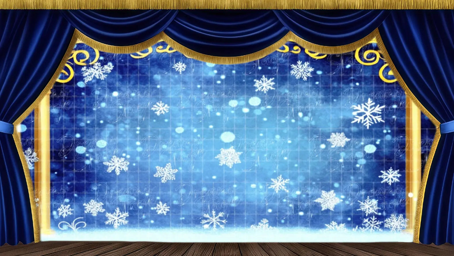 Golden Snowflake Stage Arch theatrical backdrop featuring ornate gold columns, a blue snowy background, and large snowflakes. Ideal stage scenery for The Nutcracker Act II, winter productions, and grand holiday events. Available in Microfiber, Outdoor Linen, and Theatre-Certified Fabric.