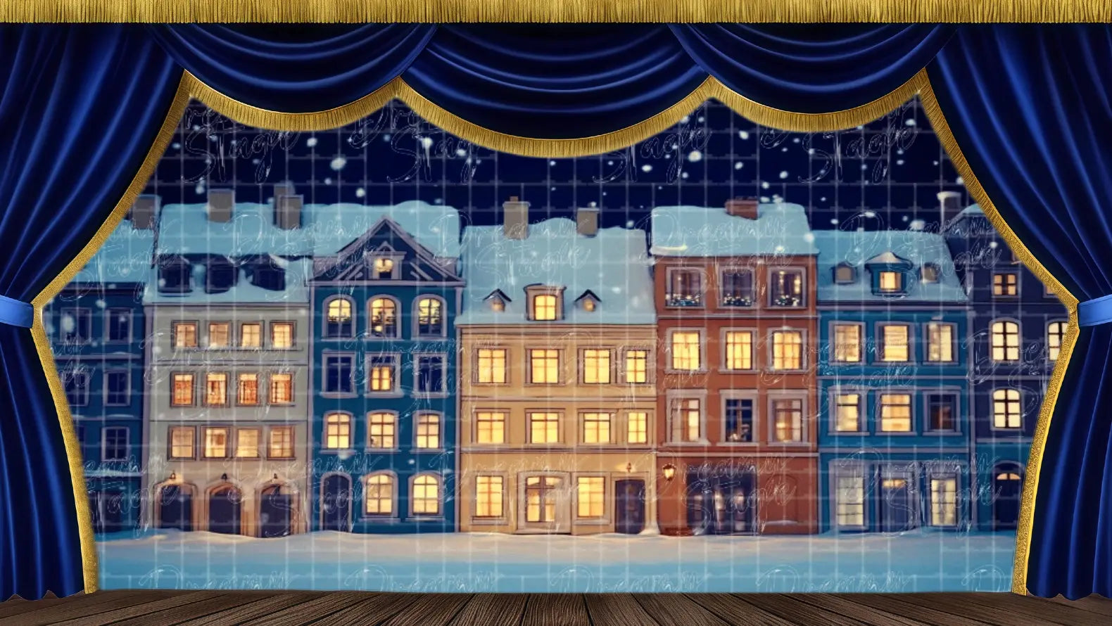 Snowy Night City Skyline stage backdrop featuring colorful European architecture and warm window lights. Ideal theatrical backdrops for The Nutcracker ballet, Christmas plays, and winter productions. Available in Microfiber, Outdoor Linen, and Theatre-Certified Fabric.
