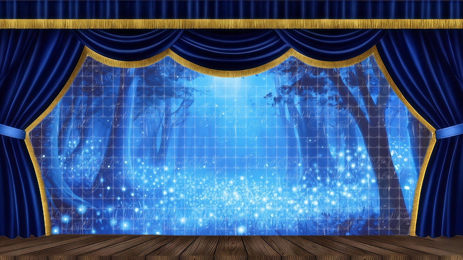 Enchanted Firefly Forest Theatrical Backdrop with luminous blue plants and full moon. Ideal fantasy stage scenery for Peter Pan, children's theater, and magical ballets. Available in Microfiber, Outdoor Linen, and Theatre-Certified Fire-Retardant Fabric.
