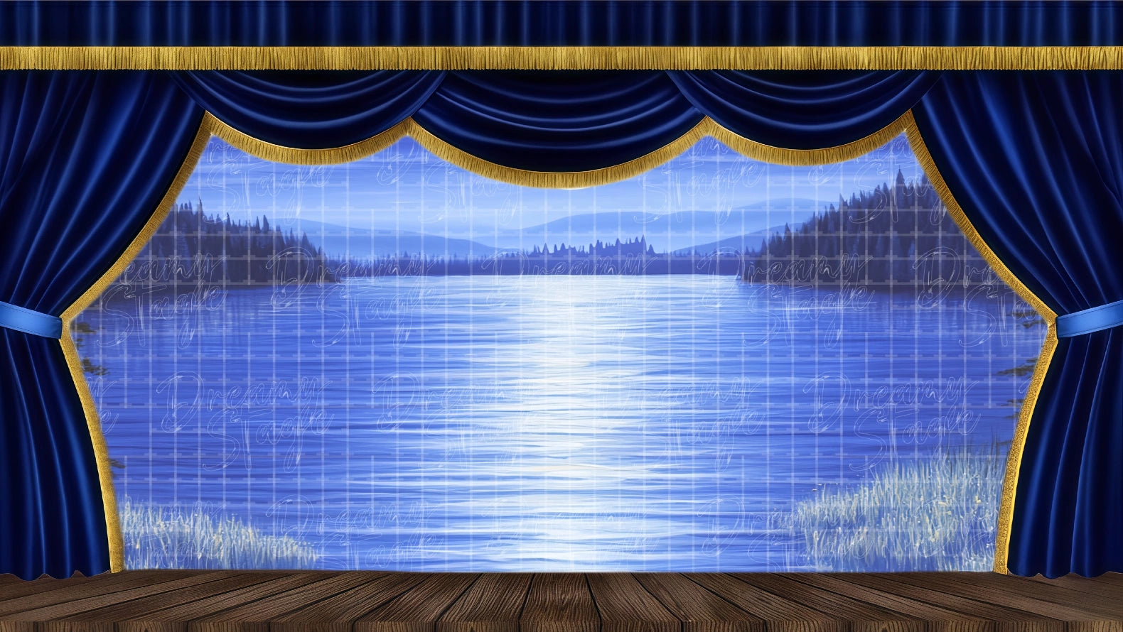 Moonlit Forest Lake Theatrical Backdrop with pine trees and full moon reflecting on the water. Versatile stage scenery for ballet, opera, and nature scenes. Available in Microfiber, Outdoor Linen, and Theatre-Certified Fabric.