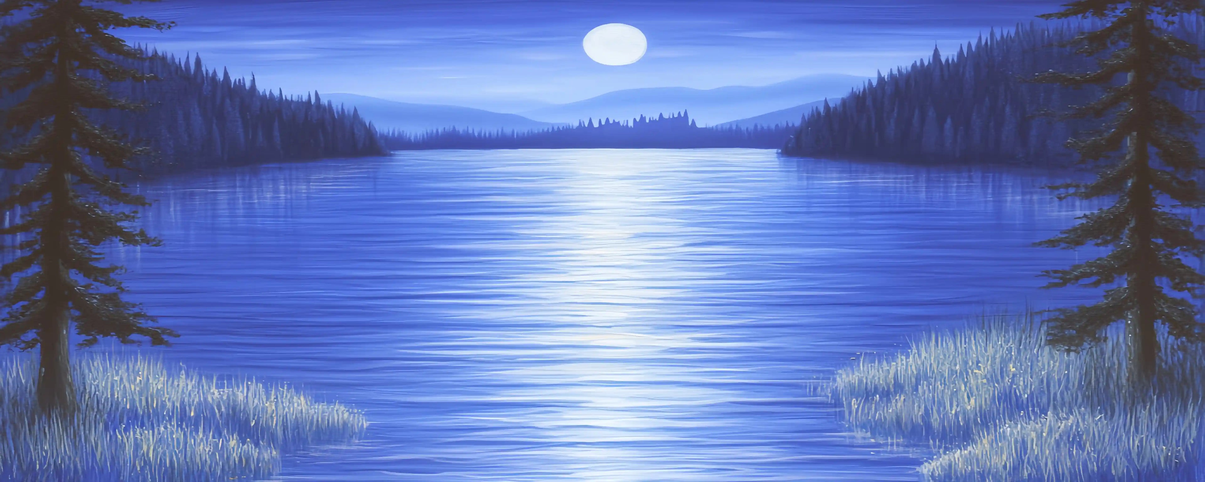 Theatrical Backdrop: Moonlit Forest Lake – Scenic Stage Scenery for Ballet & Drama