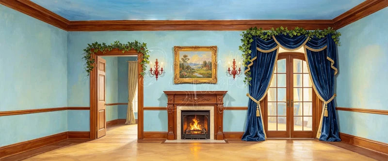 Blue parlor interior stage backdrop with a wood fireplace, framed painting, open doorway and navy velvet curtains, ideal theatre background for school musicals, plays, drama clubs and projected stage scenery.