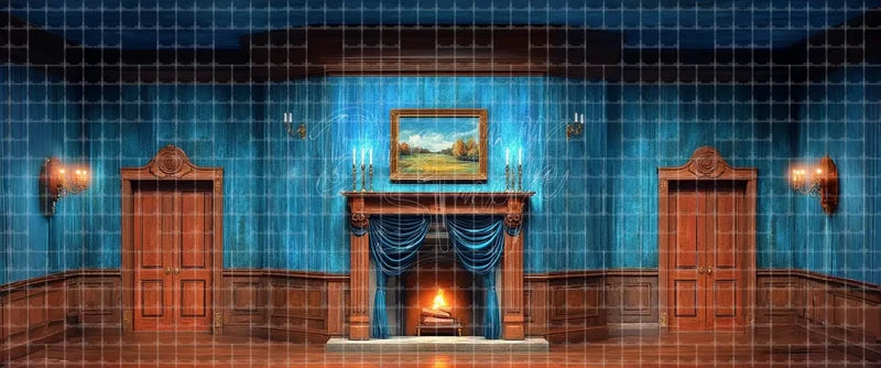 Dark blue formal drawing room stage backdrop with wood paneling, twin doors, a glowing fireplace and candle sconces, suited to theatre plays, ballet scenes, school musicals and period drama backgrounds.