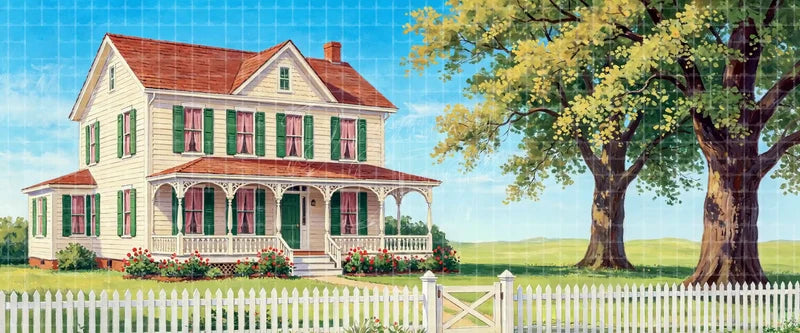 Country farmhouse exterior stage backdrop with a white picket fence, broad shade trees, flower beds and open fields, ideal rural theatre background for school plays, musicals and community productions.
