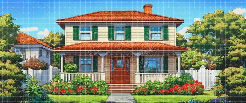 Suburban family house exterior stage backdrop with front porch, green shutters, white fence and flower garden, suitable for school musical scenery, youth drama and residential theatre backgrounds.