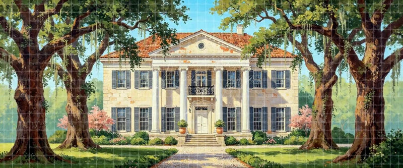 Southern estate mansion exterior stage backdrop framed by massive oak trees, classical columns and a garden path, ideal historical theatre background for ballet, school musicals and period drama.