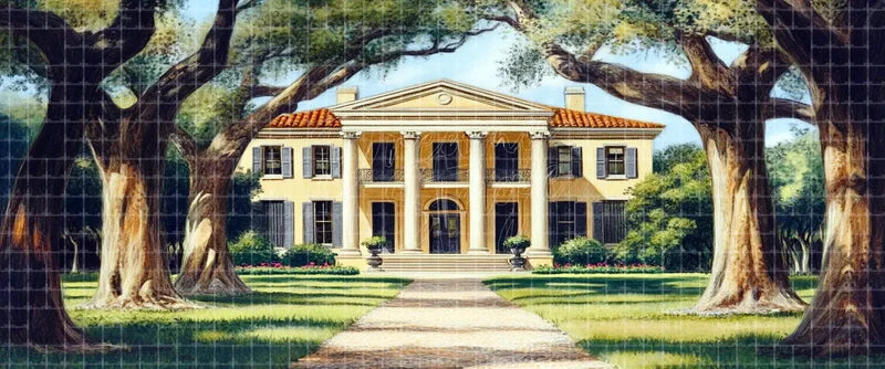 Grand Southern estate mansion stage backdrop with tall white columns, black shutters, a fountain and formal garden, created for school musicals, historical theatre plays, ballet and period drama backgrounds.