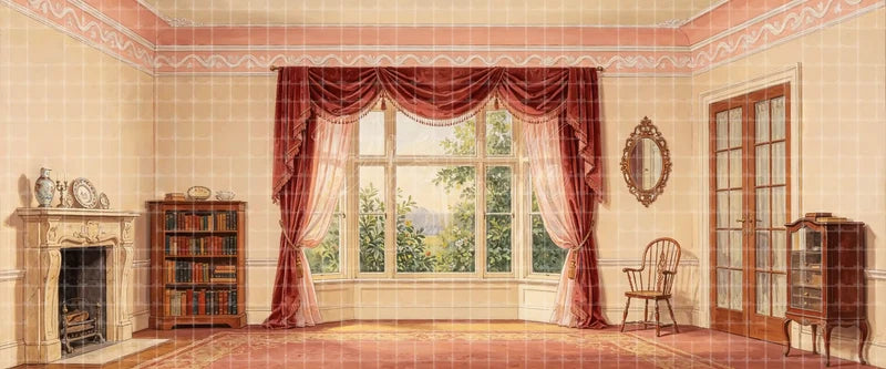 Elegant peach parlor stage backdrop with marble fireplace, bookcase, bay window, red drapes and period furnishings, ideal interior theatre background for ballet, school plays and historical musicals.