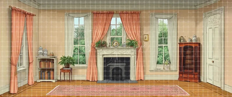 Classic living room stage backdrop with central fireplace, tall windows, pink curtains, bookshelves and a patterned rug, suitable for school musicals, family drama, theatre plays and ballet story scenes.