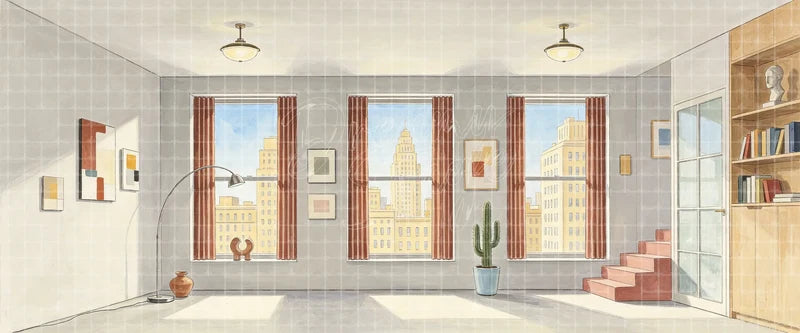 Modern city apartment interior stage backdrop with three large skyline windows, minimalist decor, cactus plants and stairs, ideal contemporary theatre background for school plays and urban musicals.