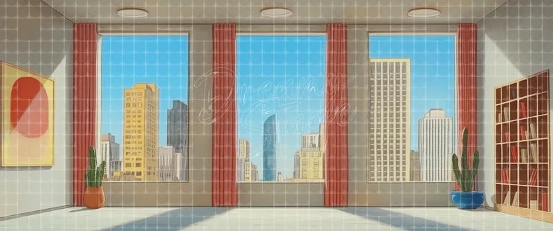 Modern urban loft stage backdrop with floor-to-ceiling city skyline windows, red curtains, bookshelves and potted cacti, designed for theatre, school shows, dance recital scenery and contemporary musicals.