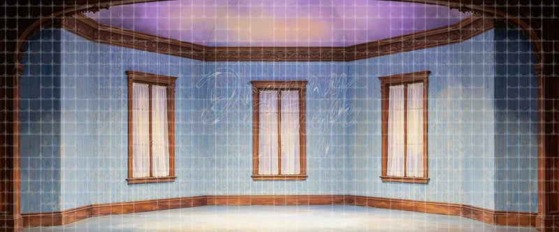 Vintage blue wallpaper room stage backdrop with three curtained windows, warm wood trim and an open performance floor, ideal period theatre background for school musicals and dramatic interior scenes.