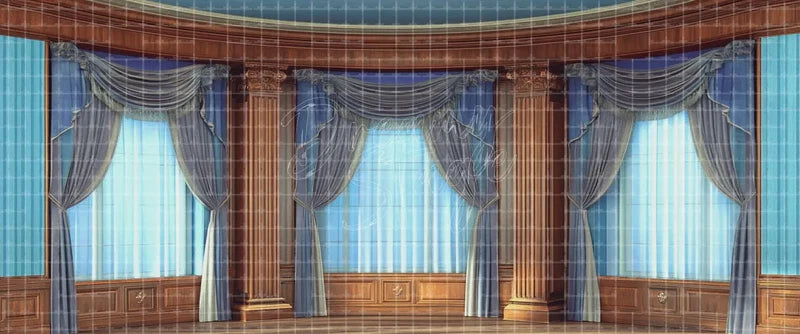 Elegant blue draped ballroom stage backdrop with classical columns, tall windows and polished wood paneling, ideal formal theatre background for ballet, dance recital, school musical and palace scenes.