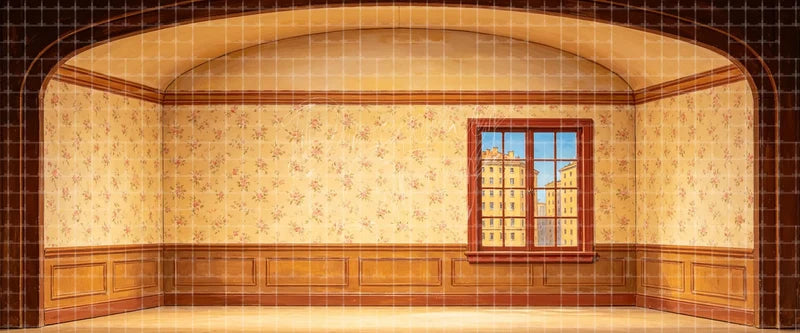 Warm floral wallpaper room stage backdrop with wood wainscoting and a city-view window, suitable as a vintage interior theatre background for school musicals, plays and dance storytelling.