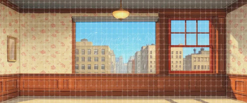 Vintage floral apartment stage backdrop with wood paneling, a large city window and classic wallpaper, ideal domestic theatre background for school plays, musicals and dramatic interior scenes.