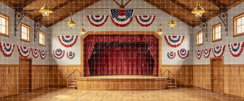 Patriotic school auditorium stage backdrop with a red theatre curtain, wood floor, American bunting and warm pendant lights, ideal VBS, school musical, dance recital and community event backgrounds.
