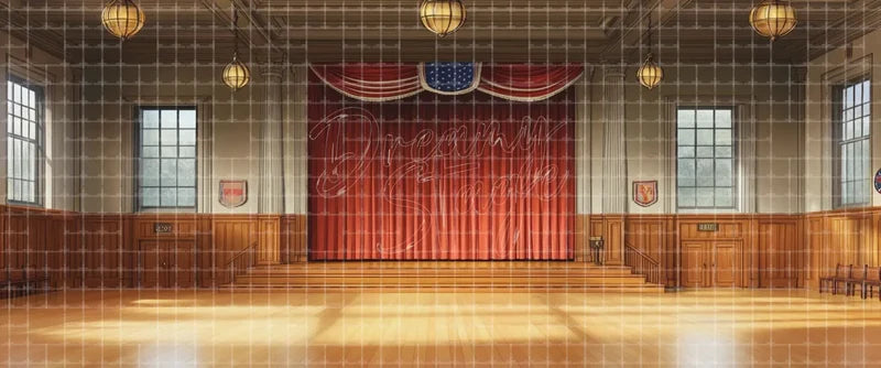 Classic school auditorium stage backdrop with polished wood floor, tall windows, red curtain and traditional wall paneling, ideal VBS, school plays, dance recitals and musical theatre backgrounds.