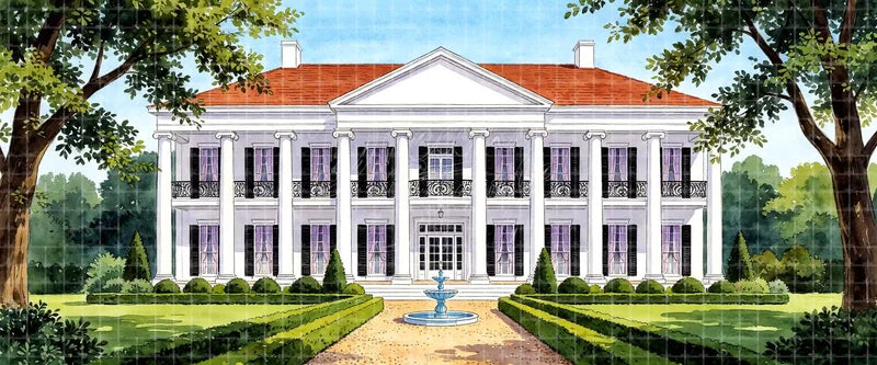 White colonial mansion exterior stage backdrop with columns, black shutters, fountain, clipped hedges and formal garden, ideal historical theatre background for ballet and school musical scenery.