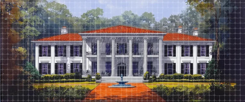 Grand Southern mansion stage backdrop with white columns, red roof, central fountain and formal gardens, suitable for classical theatre, ballet, dance recital and historical musical backgrounds.