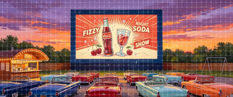Retro drive-in movie theater stage backdrop with rows of colorful 1950s classic cars, concession stand and a glowing soda screen, ideal school musical, theatre and dance show backgrounds.