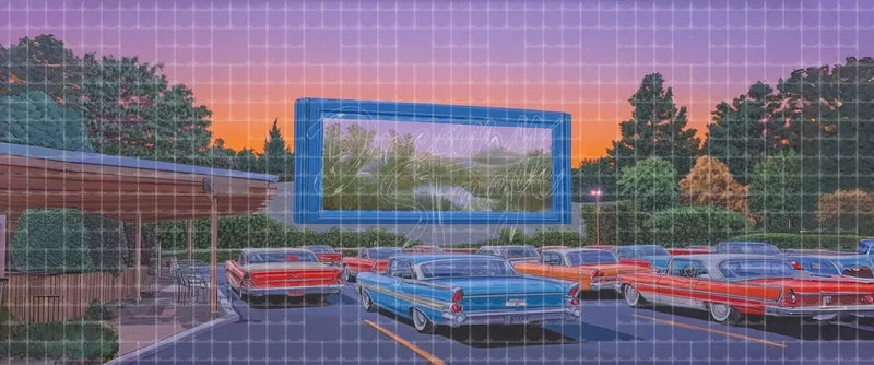Vintage drive-in cinema stage backdrop at sunset with rows of classic cars and a large outdoor movie screen, designed for 1950s school musicals, theatre plays, dance shows and retro event backgrounds.
