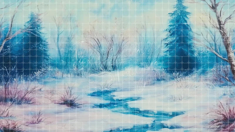 Frozen Woodland Stream digital stage backdrop for theatre projection, dance recital, school musical, community theatre, LED screen background, and printable stage scenery. Suitable for Frozen, The Snow Queen, Snow Queen inspired productions,