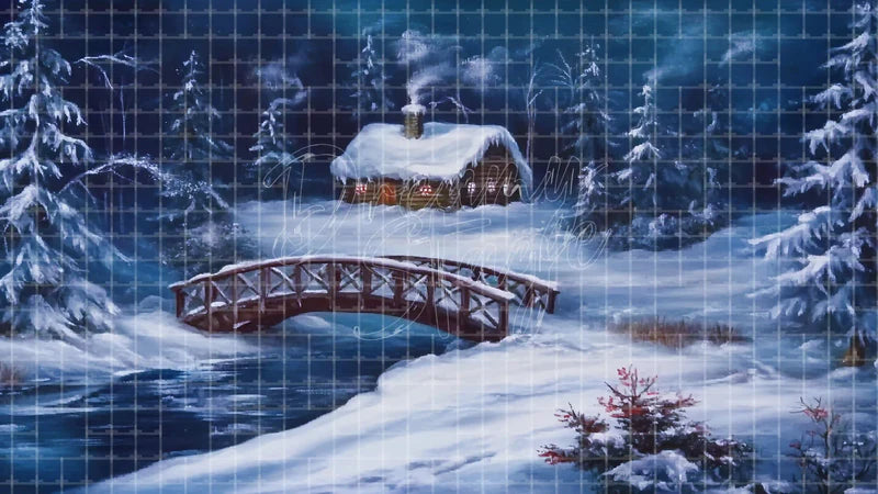 Snowy Bridge Cabin Scene digital stage backdrop for theatre projection, dance recital, school musical, community theatre, LED screen background, and printable stage scenery. Suitable for Frozen, The Snow Queen, Snow Queen inspired productions,