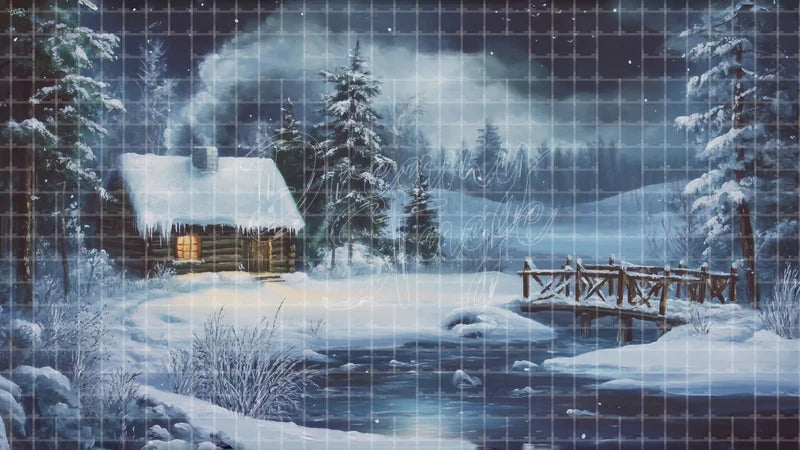 Cozy Snow Cabin digital stage backdrop for theatre projection, dance recital, school musical, community theatre, LED screen background, and printable stage scenery. Suitable for Frozen, The Snow Queen, Snow Queen inspired productions,