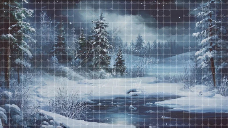 Snow Cabin Bridge Winter digital stage backdrop for theatre projection, dance recital, school musical, community theatre, LED screen background, and printable stage scenery. Suitable for Frozen, The Snow Queen, Snow Queen inspired productions,