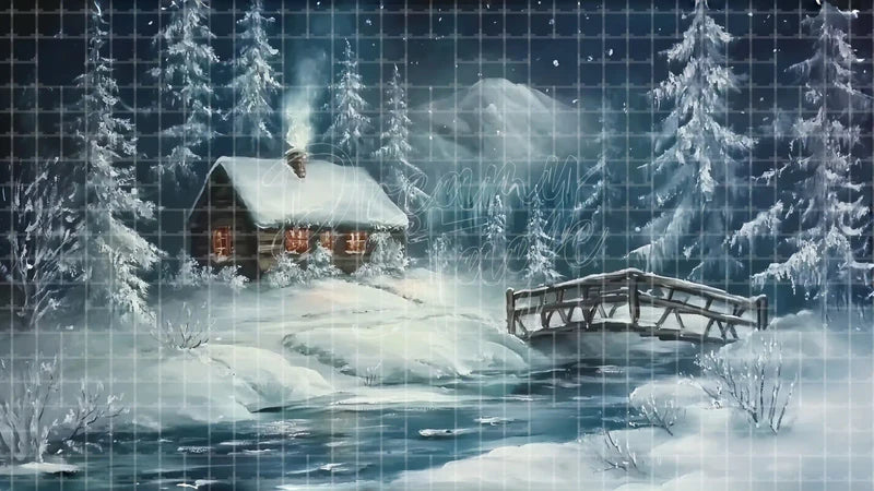 Dark Snow Village Cabin digital stage backdrop for theatre projection, dance recital, school musical, community theatre, LED screen background, and printable stage scenery. Suitable for Frozen, The Snow Queen, Snow Queen inspired productions,