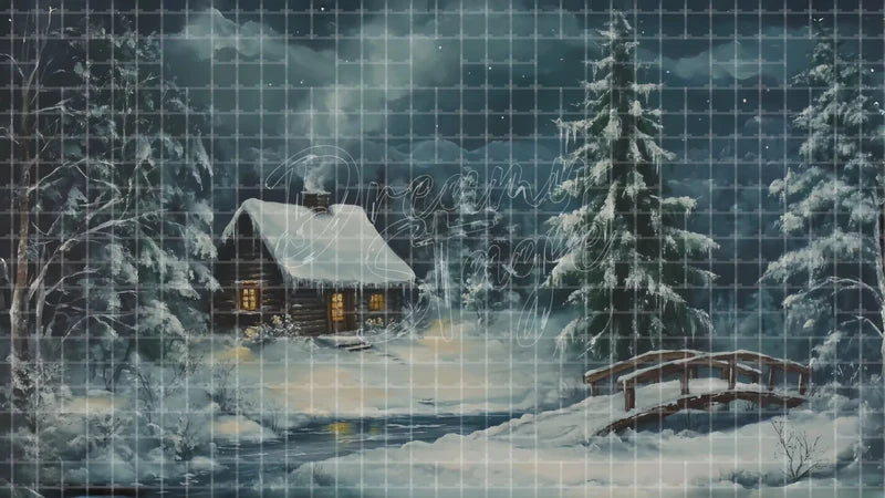 Moody Winter Cabin Scene digital stage backdrop for theatre projection, dance recital, school musical, community theatre, LED screen background, and printable stage scenery. Suitable for Frozen, The Snow Queen, Snow Queen inspired productions,