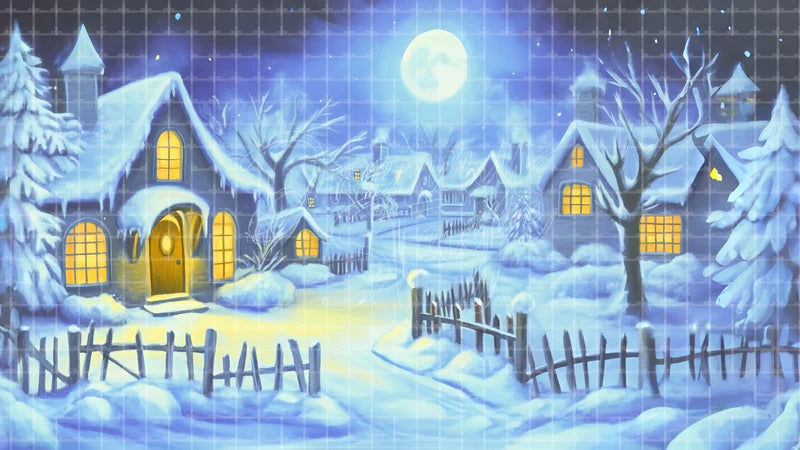 Christmas Snow Village Night digital stage backdrop for theatre projection, dance recital, school musical, community theatre, LED screen background, and printable stage scenery. Suitable for Frozen, The Snow Queen, Snow Queen inspired productions,