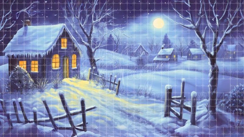 Moonlit Snow Cottage digital stage backdrop for theatre projection, dance recital, school musical, community theatre, LED screen background, and printable stage scenery. Suitable for Frozen, The Snow Queen, Snow Queen inspired productions,
