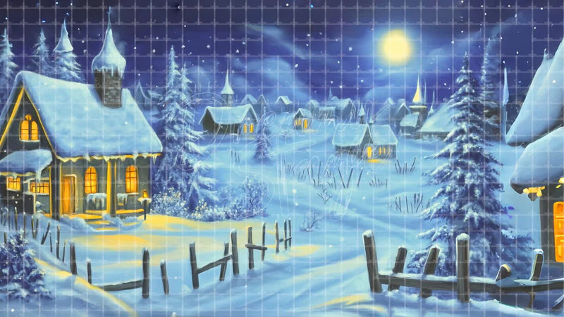 Bright Snowy Village digital stage backdrop for theatre projection, dance recital, school musical, community theatre, LED screen background, and printable stage scenery. Suitable for Frozen, The Snow Queen, Snow Queen inspired productions,