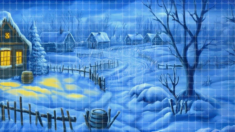 Snowy Village Road digital stage backdrop for theatre projection, dance recital, school musical, community theatre, LED screen background, and printable stage scenery. Suitable for Frozen, The Snow Queen, Snow Queen inspired productions,