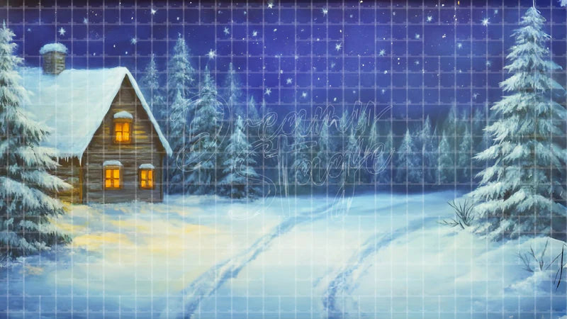 Winter Cabin Under Stars digital stage backdrop for theatre projection, dance recital, school musical, community theatre, LED screen background, and printable stage scenery. Suitable for Frozen, The Snow Queen, Snow Queen inspired productions,