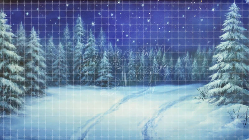 Quiet Snow Forest Village digital stage backdrop for theatre projection, dance recital, school musical, community theatre, LED screen background, and printable stage scenery. Suitable for Frozen, The Snow Queen, Snow Queen inspired productions,