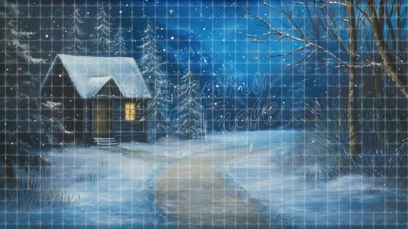 Snow Cabin Curved Road digital stage backdrop for theatre projection, dance recital, school musical, community theatre, LED screen background, and printable stage scenery. Suitable for Frozen, The Snow Queen, Snow Queen inspired productions,