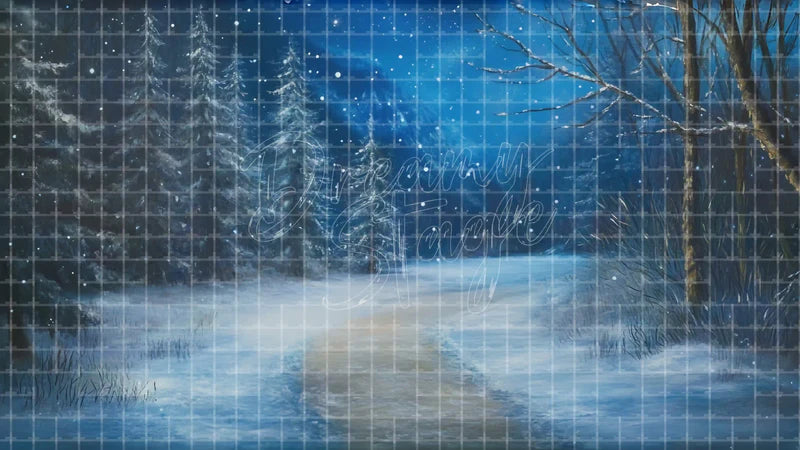 Blue Snowy Road Cabin digital stage backdrop for theatre projection, dance recital, school musical, community theatre, LED screen background, and printable stage scenery. Suitable for Frozen, The Snow Queen, Snow Queen inspired productions,