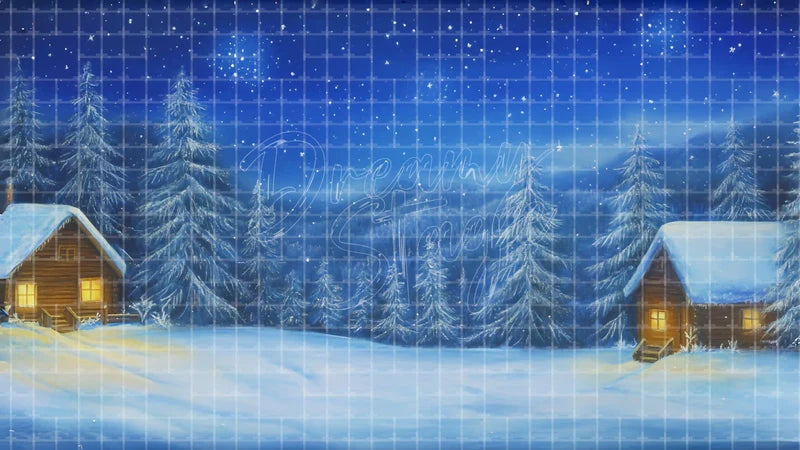 Starry Snow Mountain Village digital stage backdrop for theatre projection, dance recital, school musical, community theatre, LED screen background, and printable stage scenery. Suitable for Frozen, The Snow Queen, Snow Queen inspired productions,