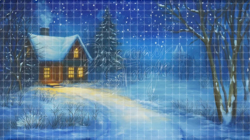 Winter Cabin Forest Road digital stage backdrop for theatre projection, dance recital, school musical, community theatre, LED screen background, and printable stage scenery. Suitable for Frozen, The Snow Queen, Snow Queen inspired productions,